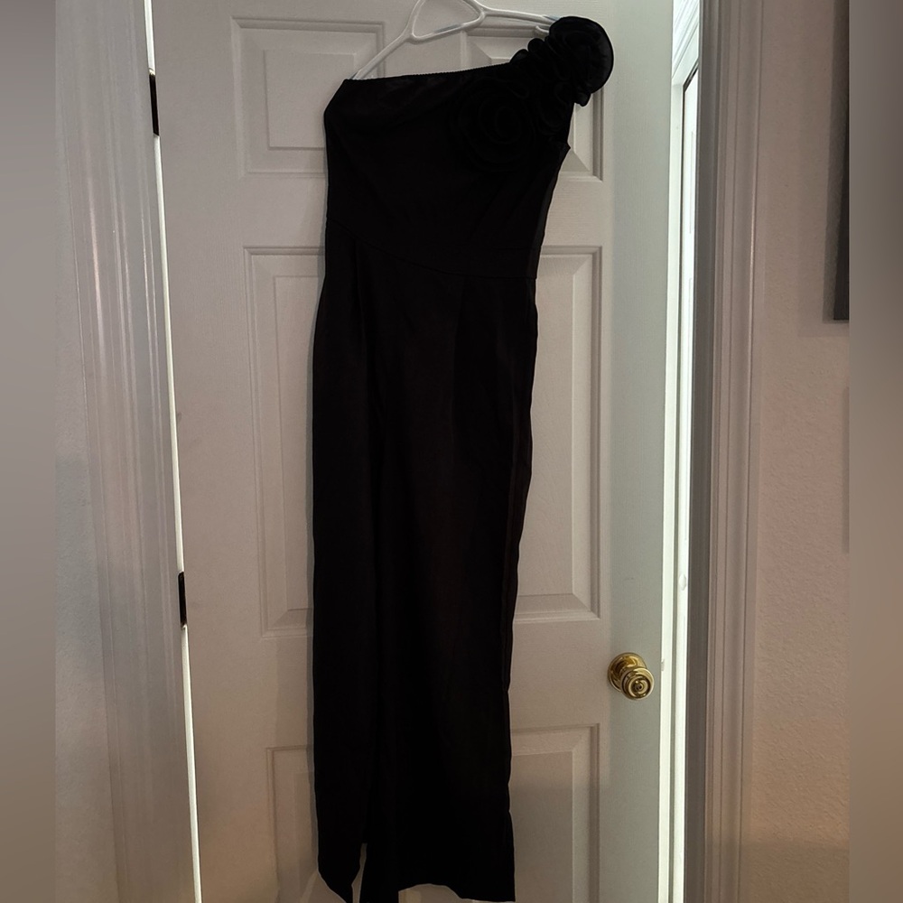 Women S Petite Shein 1 Shoulder, Flower Strap, Wide Leg Jumpsuit, Romper, Black